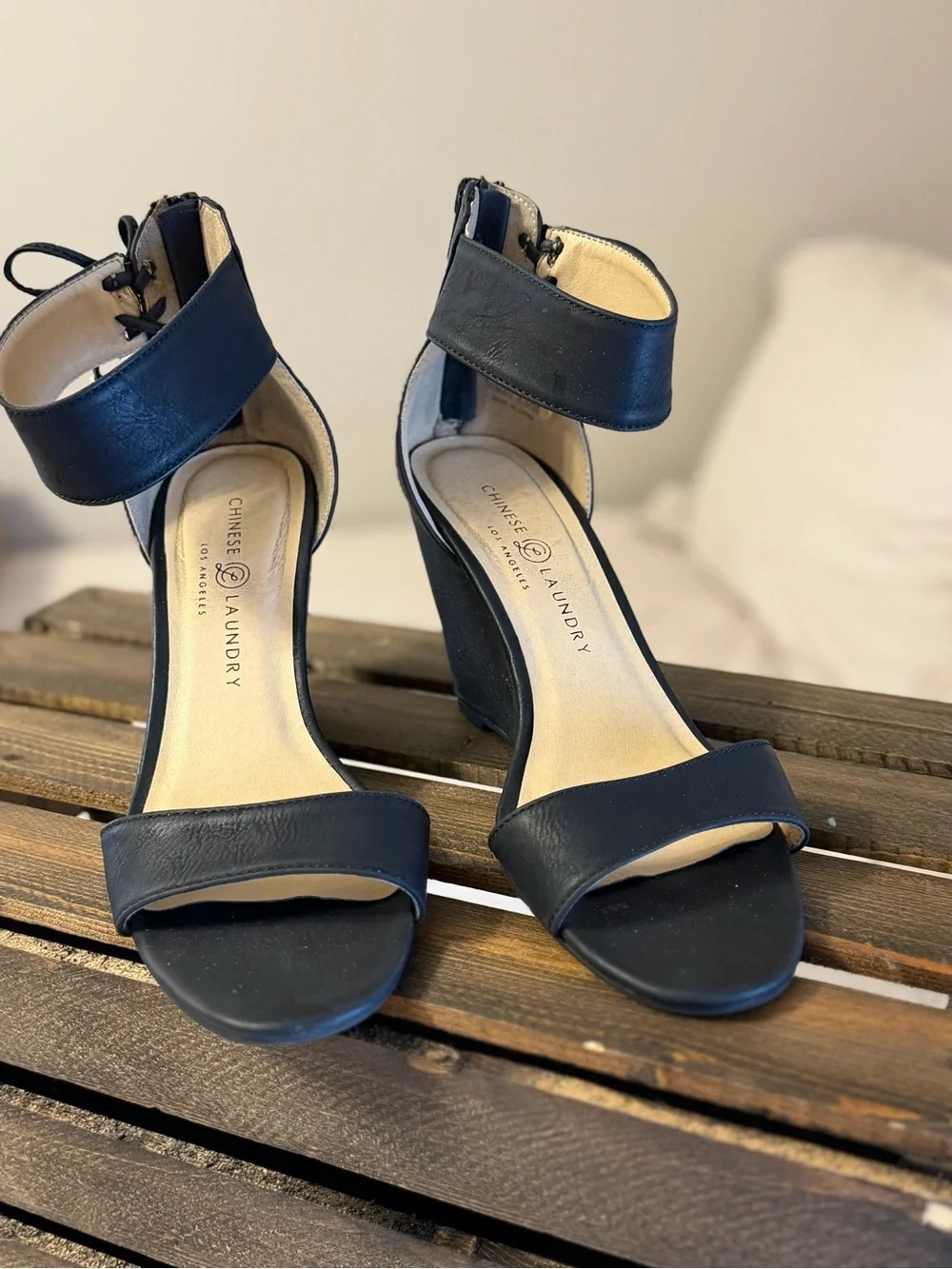 Black Wedge Heels with Ankle Wrap and Bow